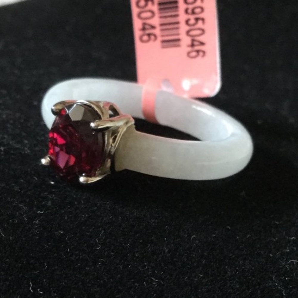 Garnet & White Jade Band Ring Sterling Silver NEW